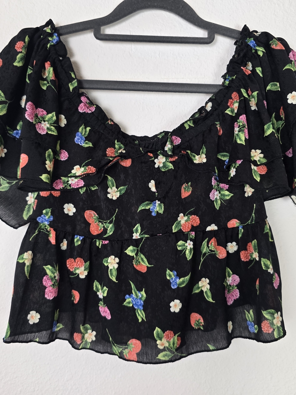 Floral Off-Shoulder Black Peasant Top